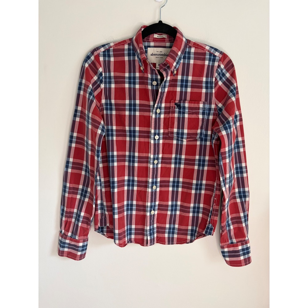 Abercrombie  & Fitch Boys XL Muscle Fit Plaid Button Down Shirt Red Blue  Y2K